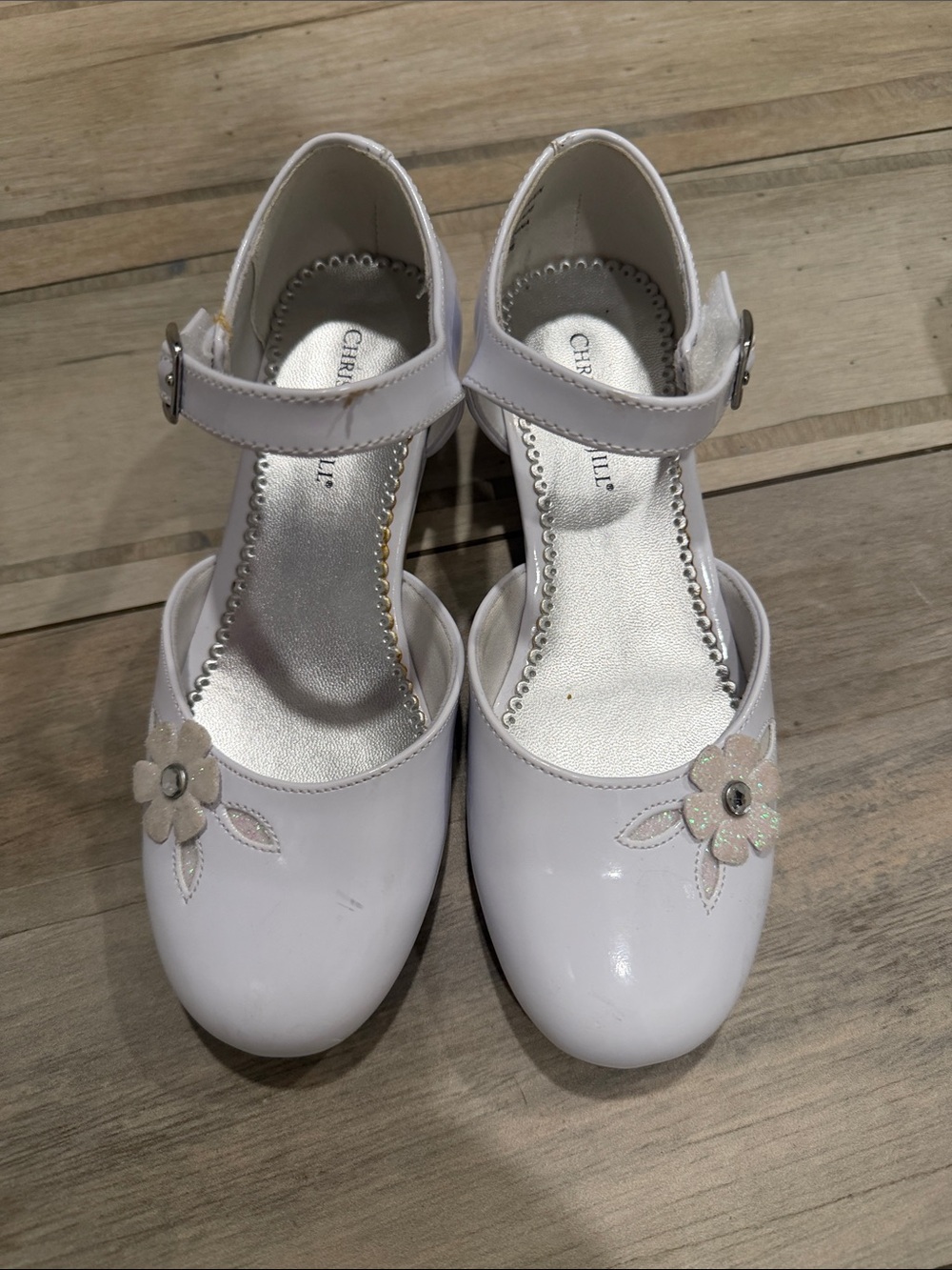 Girls White Patent Dress Mary Janes with Floral Accent